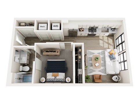 A top-down view of a well-organized kitchen and living room area.